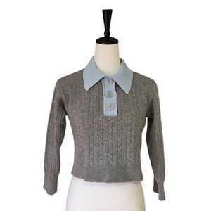 Sandro Cable Knit Wool Cashmere Sweater – Cropped Polo Collar, Size 2